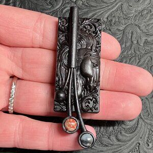 Horse Carved in Black Stained Wood With Gemstones Pendant Bead Ornament Mini Art